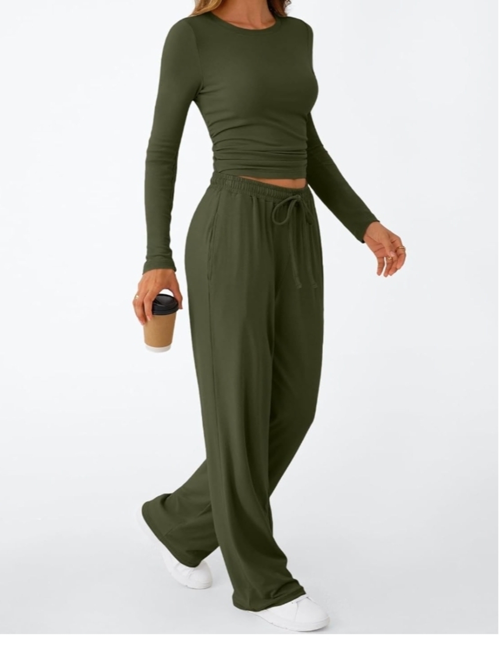 Relaxed Wide-Leg Drawstring Pants in Olive